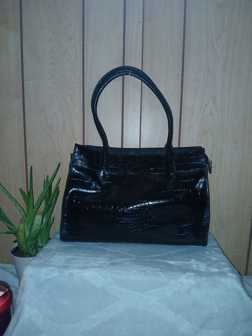 Black Croc-Embossed Shoulder Bag